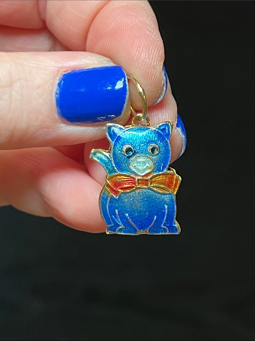 Vintage Blue Guilloche Enamel Cat with Bow Gold Gilt Charm Necklace Pendant